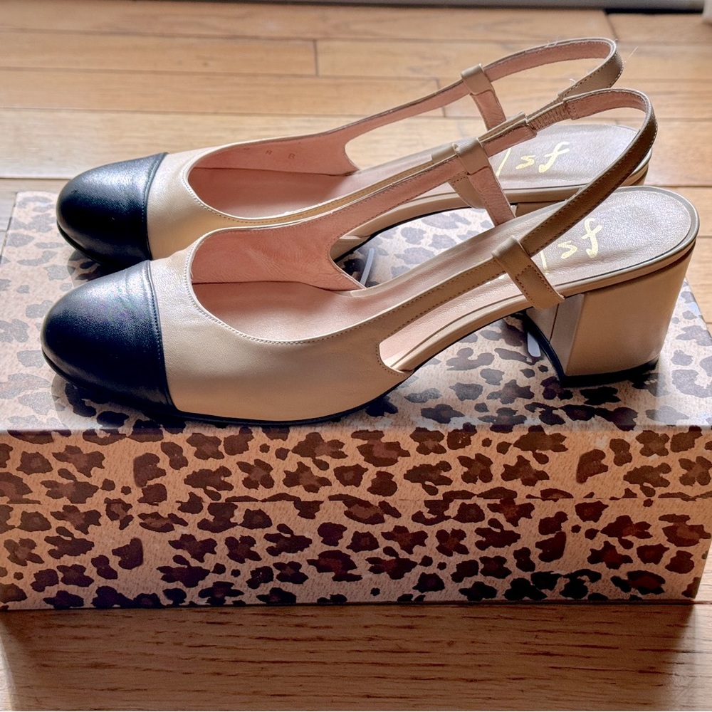 French Sole Baton Black/Camel Heels Sz. 8